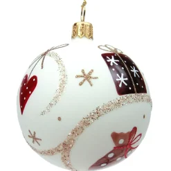 Glaskugel Cremefarben Matt Mit Weihnachtlichen Motiven, 7 Cm