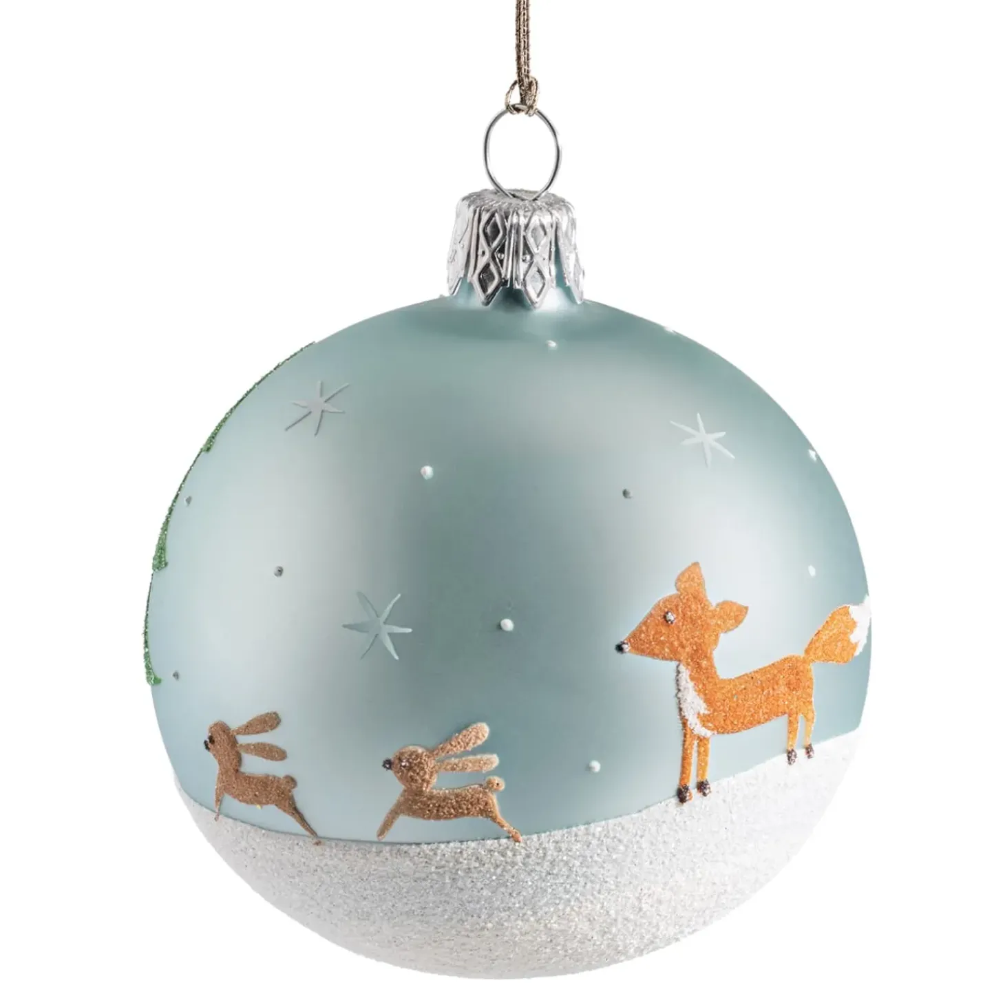 Glaskugel Graublau Mit Waldtieren, 7Cm