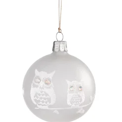 Glaskugel Mattweis Mit Weisen Eulen, 7 Cm