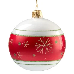 Glaskugel Opal Weis Mit Rotem Flockenband, 8 Cm