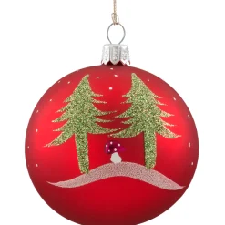 Glaskugel Rot Matt Mit Baumen Und Pilzen, 7 Cm