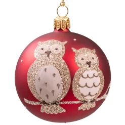 Glaskugel Rot Matt Mit Eulen, 7 Cm