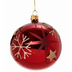 Glaskugel Rot Mit Goldenen Sternen Und Flocken, 10Cm