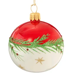 Glaskugel Rot-Weis Mit Zweig Und Sternchen, 6 Cm
