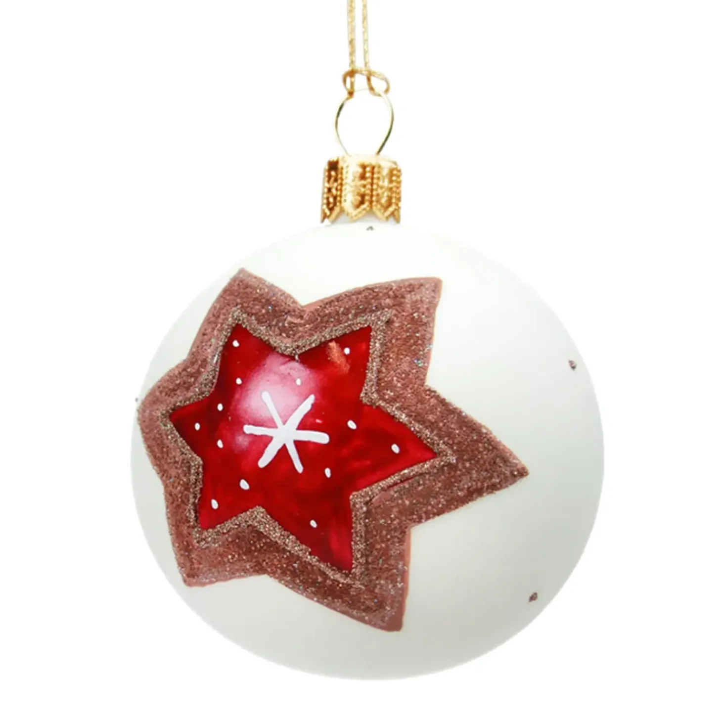 Glaskugel Weis Matt Mit Lebkuchenstern, 6 Cm