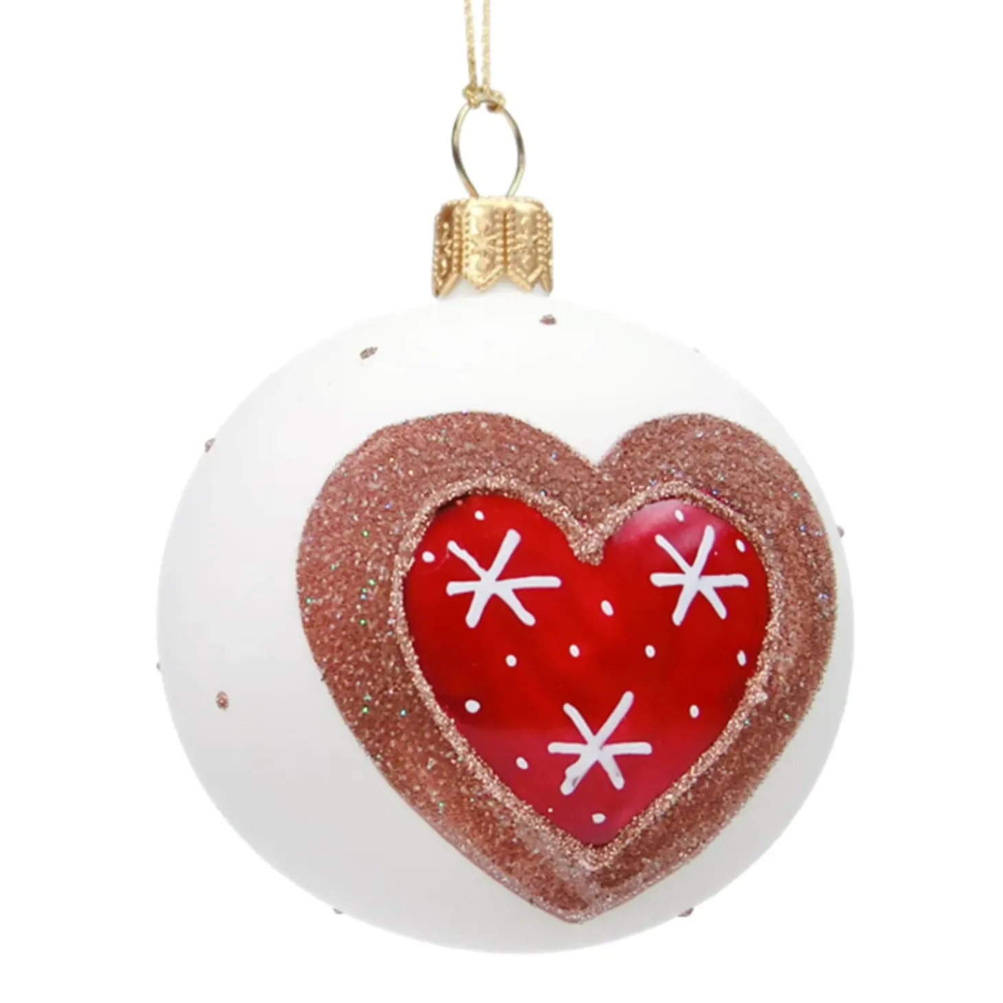 Glaskugel Weis Matt Mit Lebkuchenherz, 8 Cm