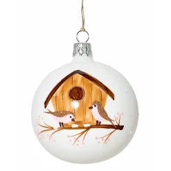 Glaskugel Weis Mit Vogelhauschen, 7Cm