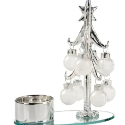 Teelichthalter Glasbaum Mit Weisen Kugeln, Silber